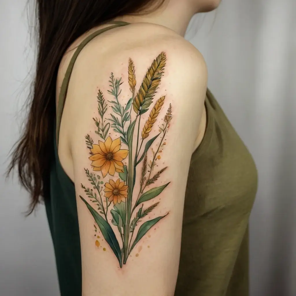 A vibrant tattoo on the arm depicts detailed yellow flowers and wheat stems, capturing a natural theme in rich colors.