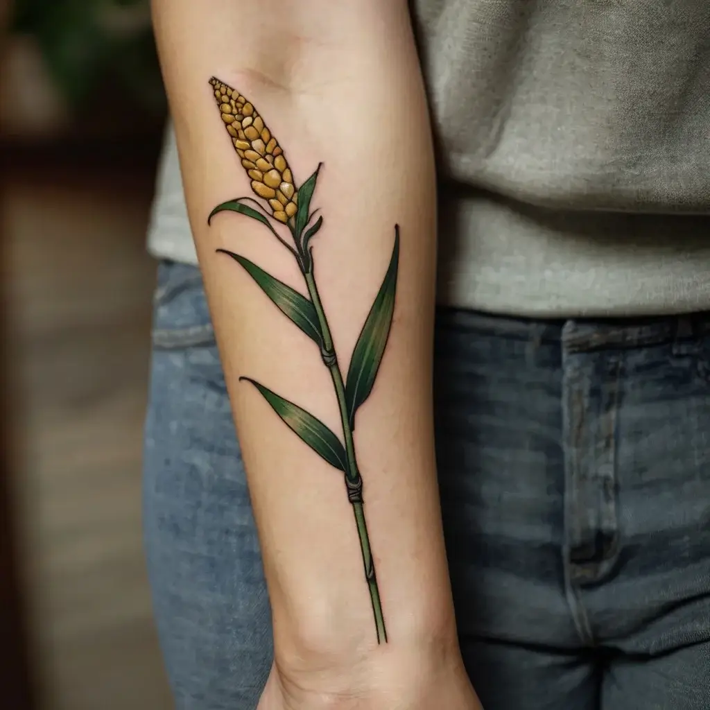 Tattoo of a detailed stalk of millet on the forearm, featuring realistic green leaves and a golden seed head.