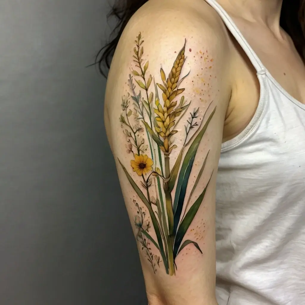 A tattoo of wheat, wildflowers, and leaves, intricately detailed, adorns the upper arm in a naturalistic style.