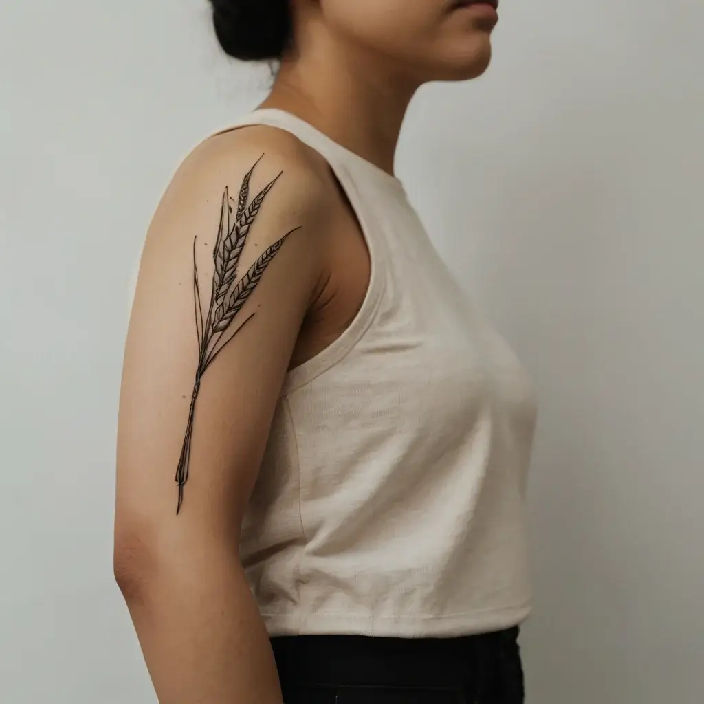 Minimalist wheat stalk tattoo on upper arm, showcasing fine lines and detailed leaf patterns.