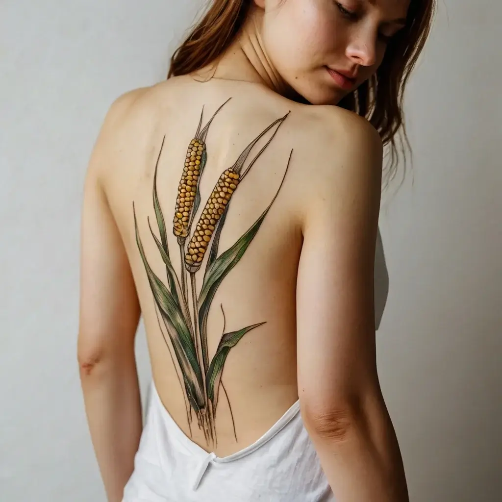 A realistic tattoo of corn plants, featuring detailed stalks and leaves, elegantly inked along the woman's back.