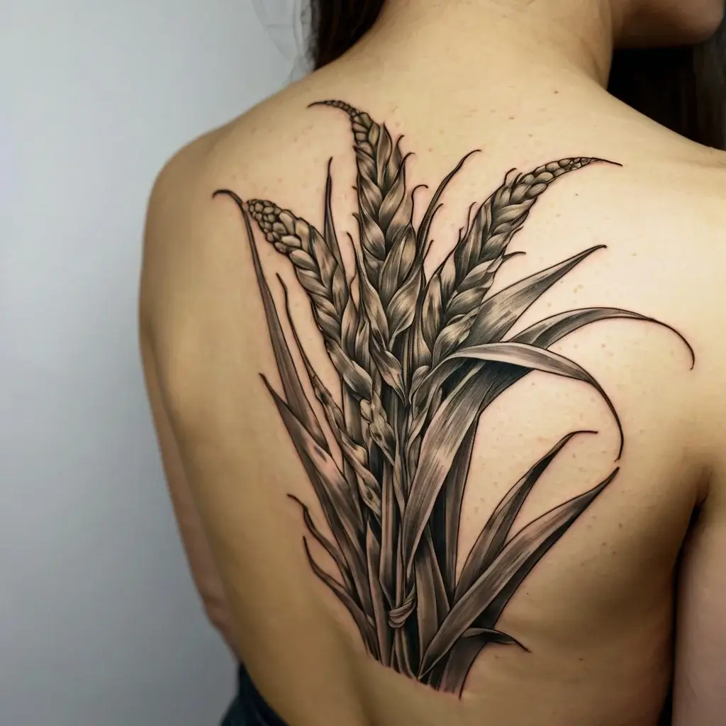 Detailed wheat sheaf tattoo on a back, featuring intricate shading and realistic textures, symbolizing growth and abundance.