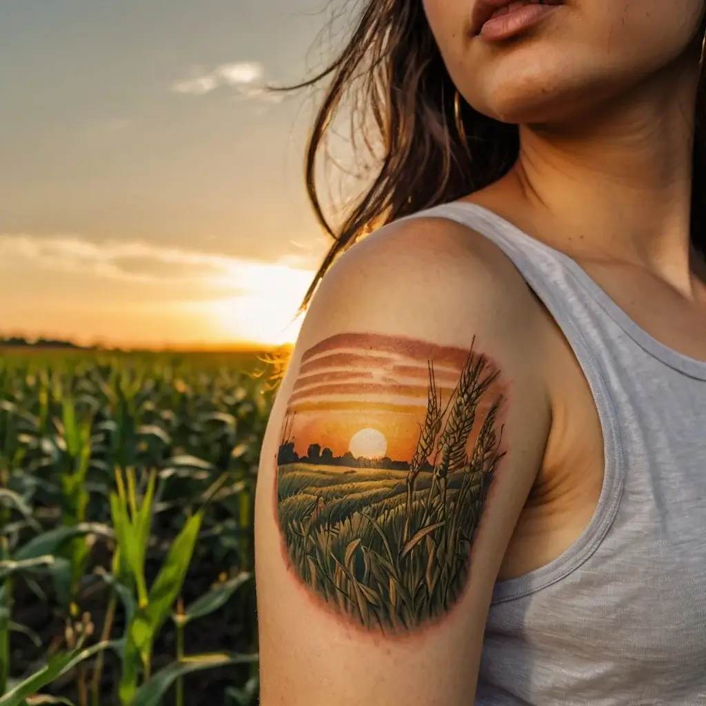 Tattoo of a serene sunset over a lush wheat field, with detailed shading highlights and vibrant colors on the shoulder.