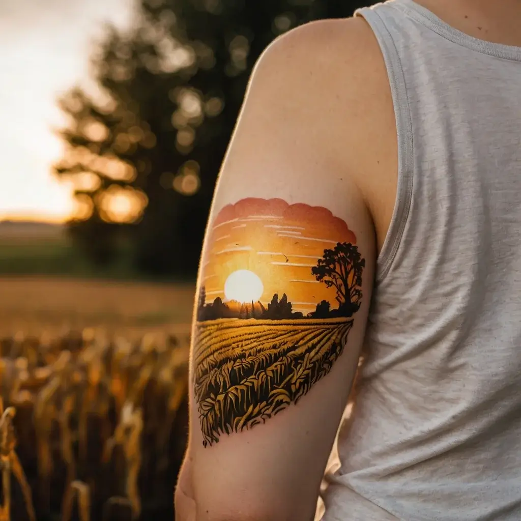 Tattoo of a vibrant sunset over a field, with silhouetted trees and rich colors embodying a serene rural landscape.