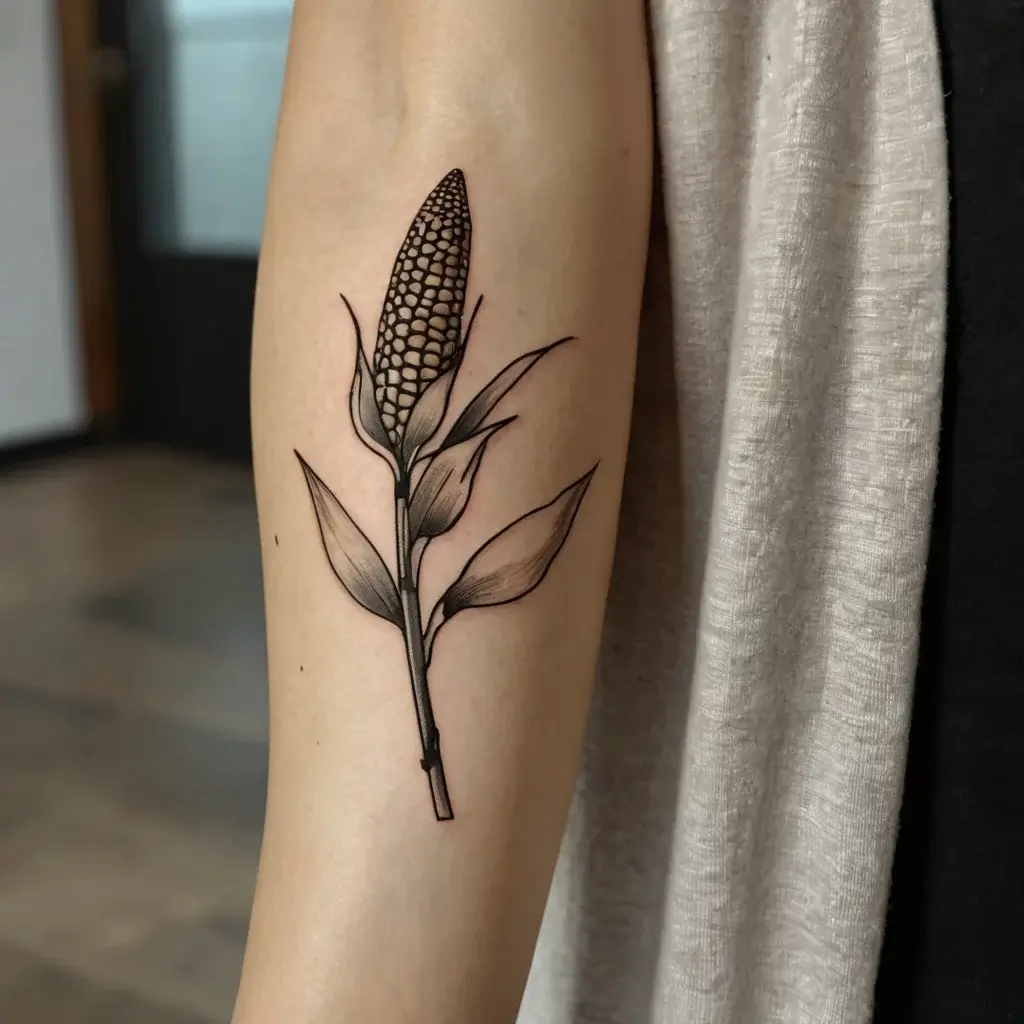 Black ink tattoo of a detailed corn stalk on the forearm, showcasing leaves and a textured cob.