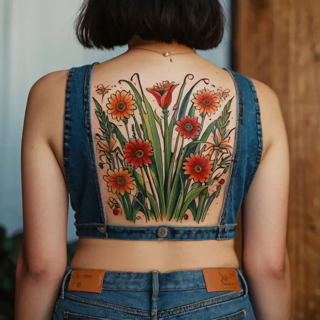 Back tattoo of vibrant red and orange flowers with green leaves, featuring delicate details and two tiny bees.