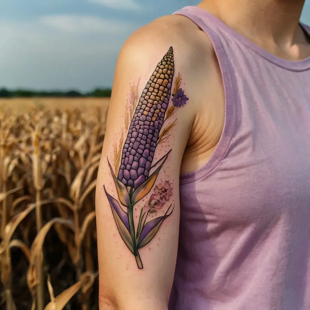 Tattoo of a vibrant, purple corn stalk with leaves and small flowers on the upper arm, blending nature with artistry.