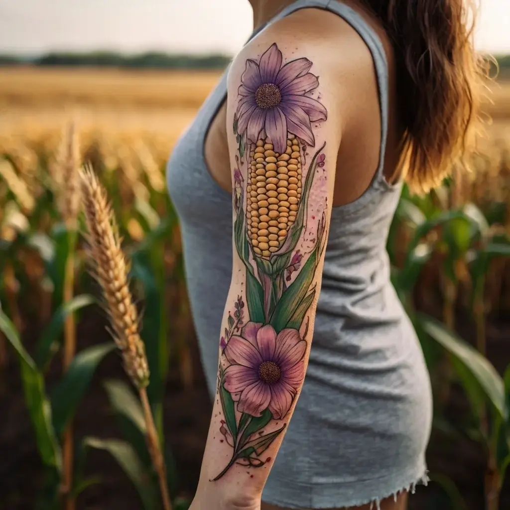 Tattoo of vibrant corn stalk with purple flowers on forearm, highlighting nature's beauty and agricultural roots.