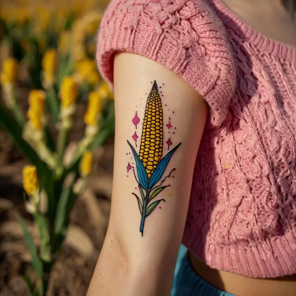 A vibrant tattoo of a corn stalk, featuring bright yellow kernels and blue leaves, adorned with pink geometric accents.