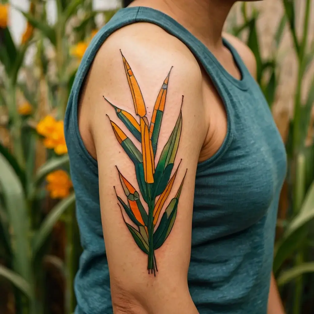 Colorful pencil and leaf tattoo design on the upper arm, blending artistic elements with nature-inspired imagery.