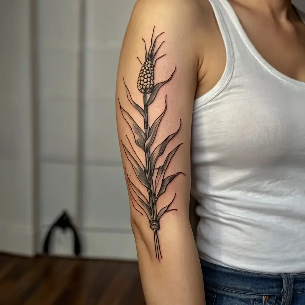 Tattoo of a stylized corn stalk with detailed leaves and kernels on the upper arm, in monochrome line work.