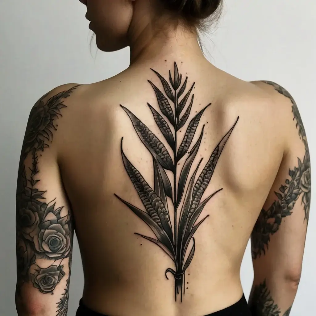 Intricate black ink fern tattoo covering the spine, with detailed leaf shading, surrounded by floral arm designs.