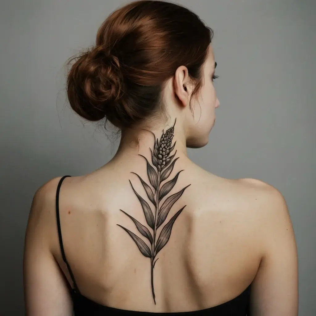 Delicate black ink tattoo of a stylized botanical design, featuring long leaves and a central flower stem on the back.