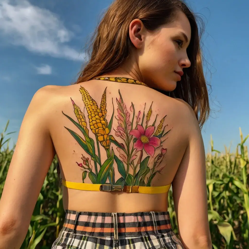 Colorful back tattoo featuring corn stalks, pink flowers, and vibrant greenery, complementing the natural outdoor setting.