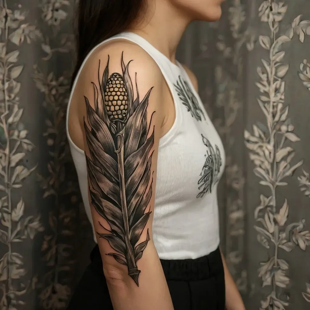 Black and gray tattoo of a stylized corn plant on upper arm, featuring intricate leaf detailing and realistic shading.