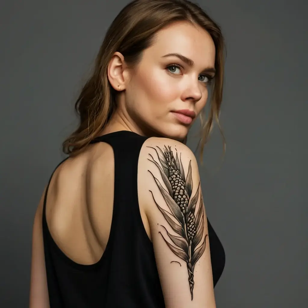 A detailed black ink tattoo of a wheat stalk with flowing leaves on the woman's upper arm, symbolizing growth and abundance.