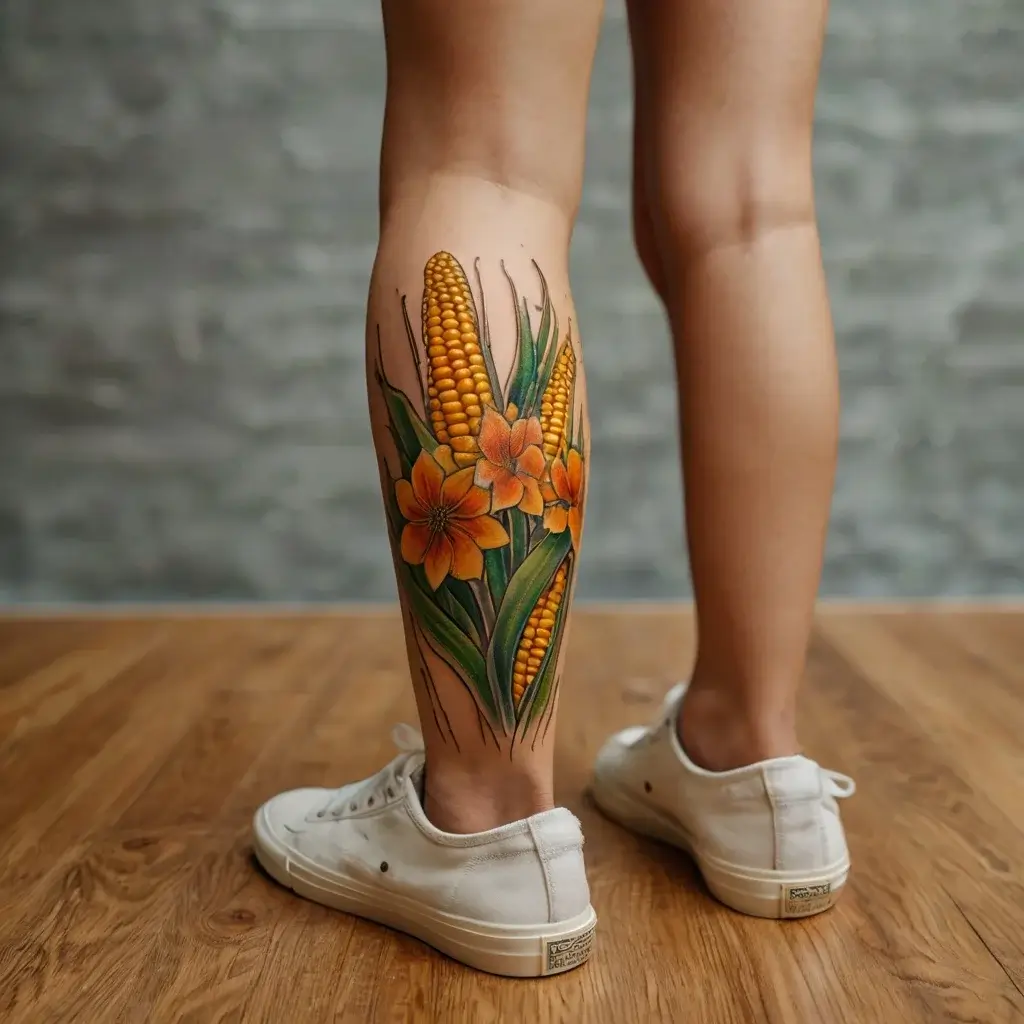 Colorful tattoo of corn stalks with vibrant orange flowers and green leaves on the calf, blending nature and vibrancy.