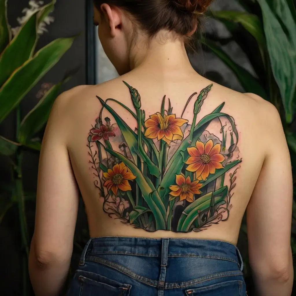 A vibrant back tattoo featuring bold orange and yellow lilies intertwined with lush green leaves and delicate pink accents.