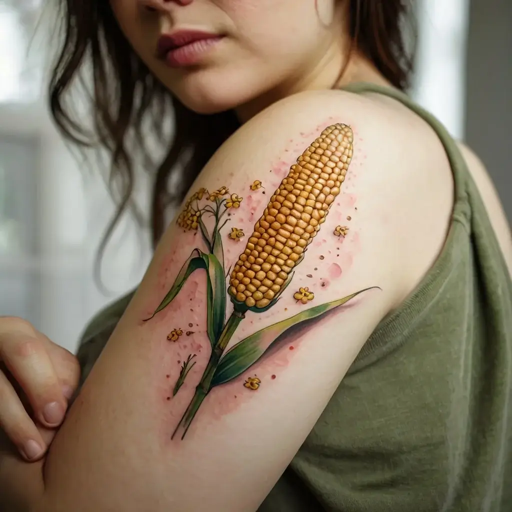 Tattoo of a detailed corn on the cob with leaves and small yellow flowers, with a pink hue background, on the upper arm.