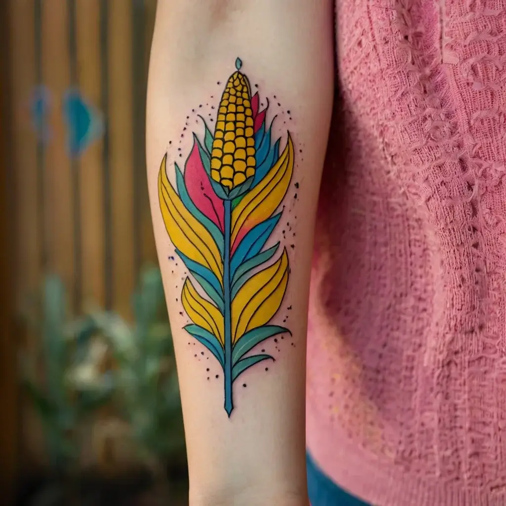 Tattoo of a stylized corn plant with vibrant yellow, red, and blue leaves on an arm. Dotted accents surround the design.