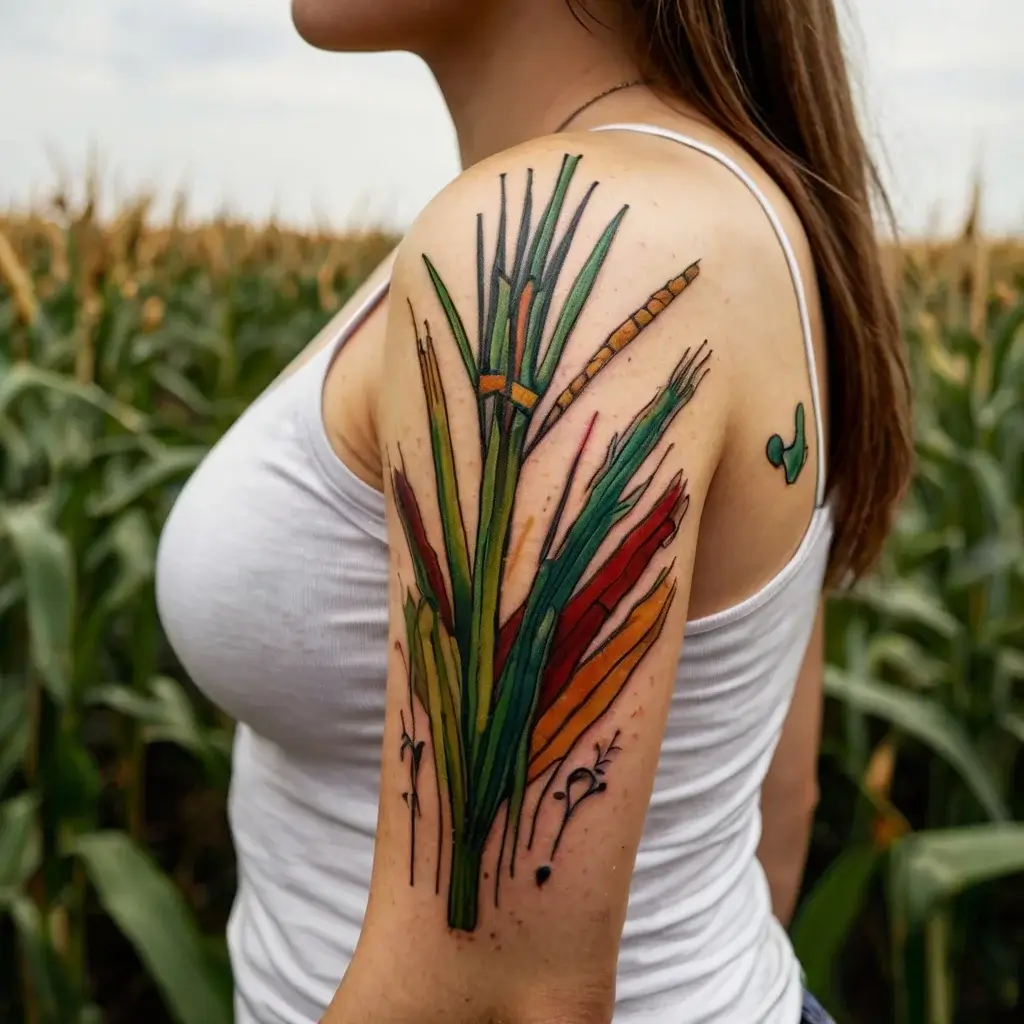 Tattoo of vibrant corn stalks with green and reddish leaves on upper arm, symbolizing nature and abundance.