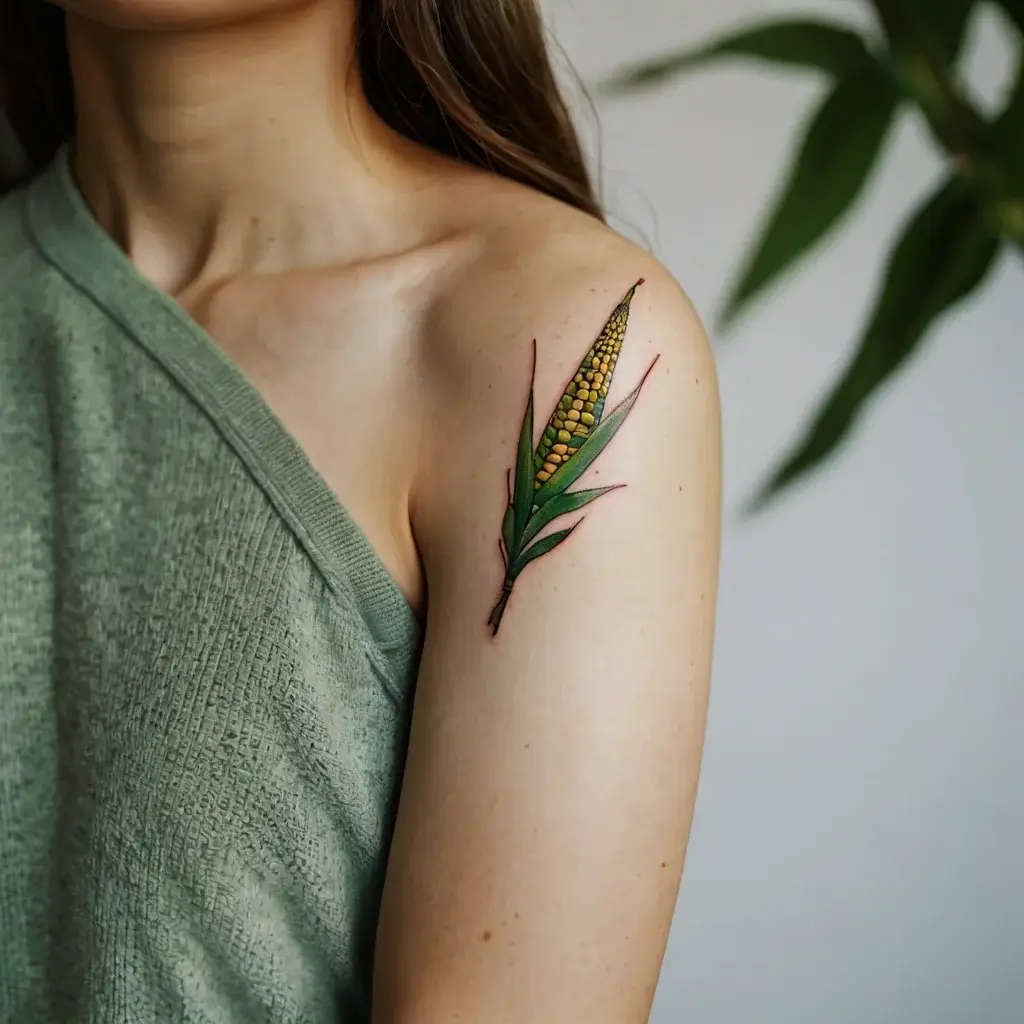 Tattoo of a detailed corn stalk with yellow kernels and green leaves on the shoulder, blending natural colors.