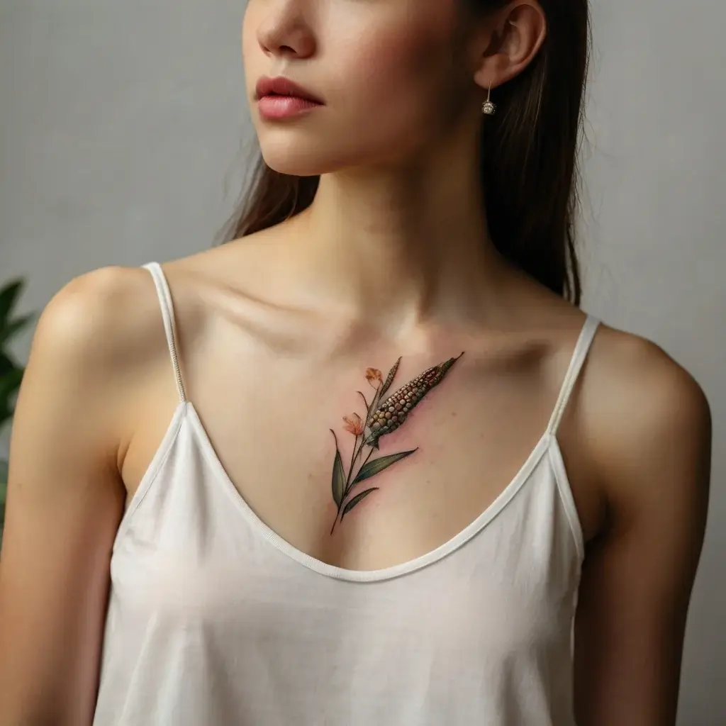 Delicate botanical tattoo featuring multicolor wheat and orange flowers on the chest, exuding natural elegance.