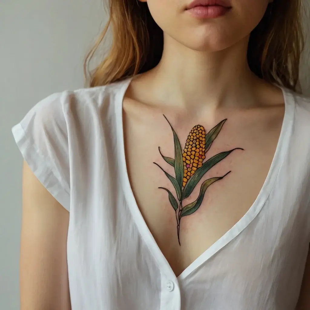 Chest tattoo of a vibrant corn stalk with detailed yellow kernels and green leaves, symbolizing growth and abundance.