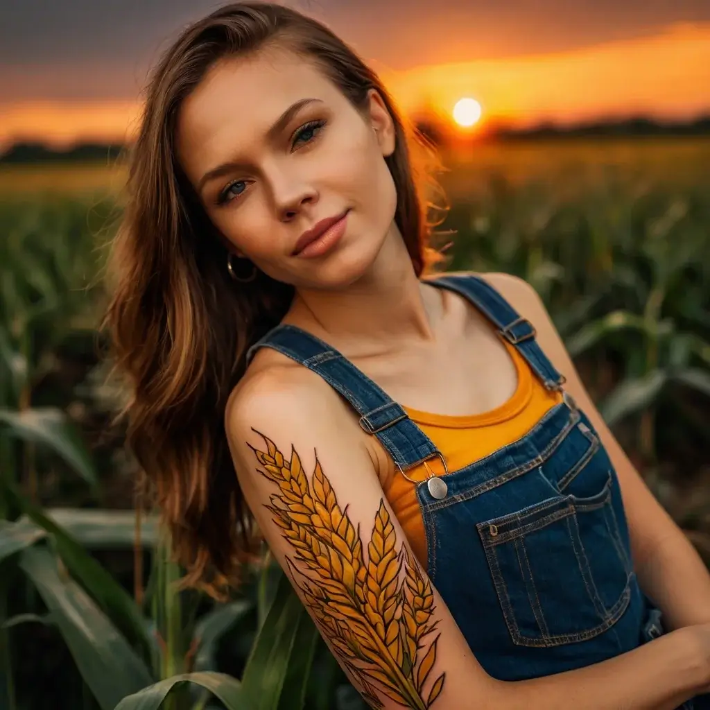 A wheat stalk tattoo on upper arm, symbolizing harvest and abundance, with detailed yellow and black ink shading.