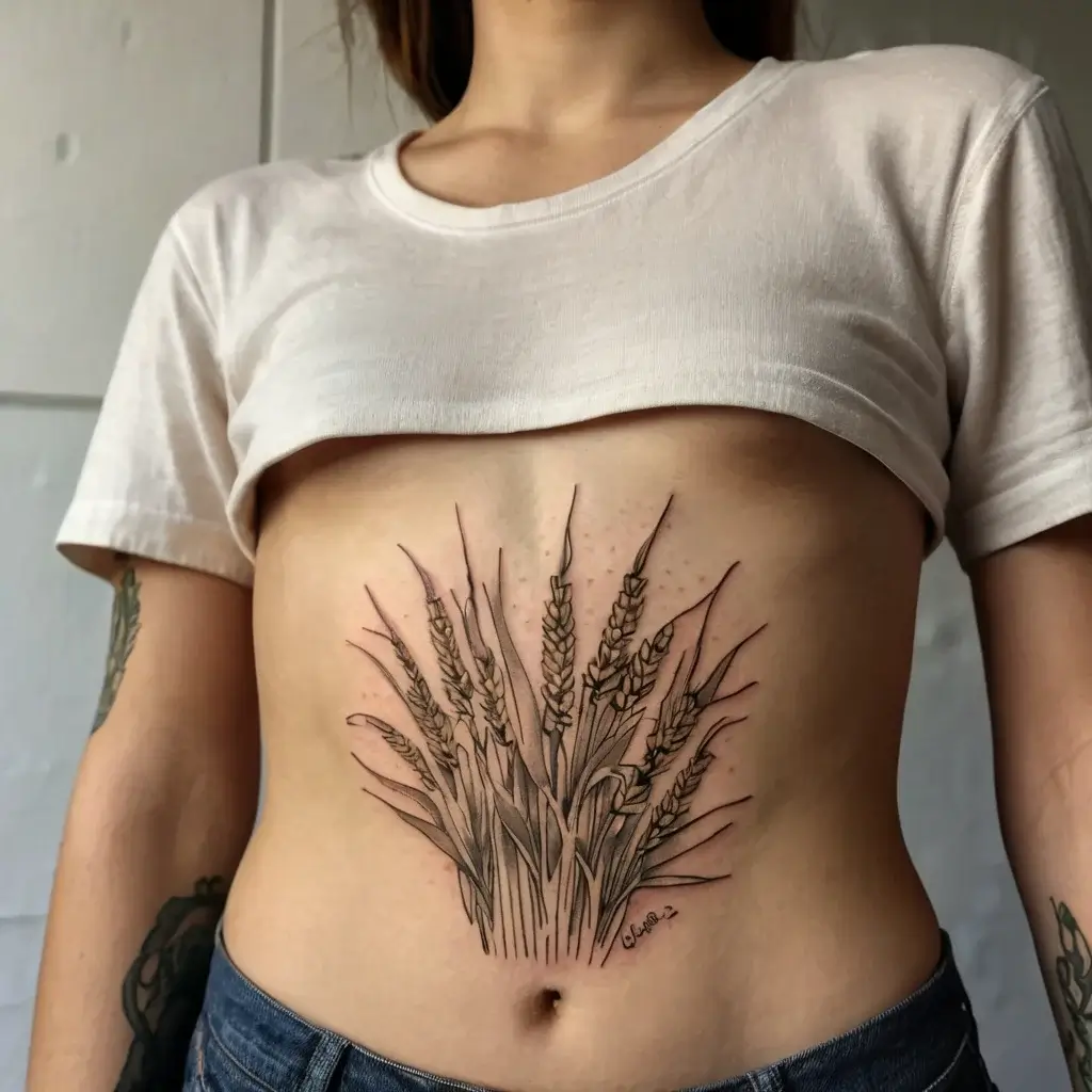 Tattoo of wheat stalks on the stomach, featuring detailed shading and lines, symbolizing growth and abundance.