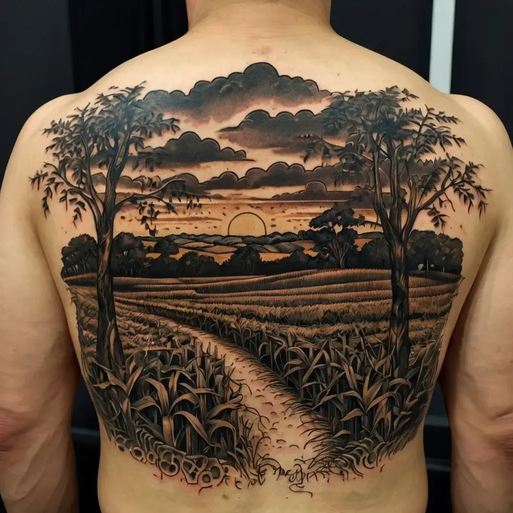 Tattoo of a serene landscape with a sunset, trees framing a path through fields, and dramatic clouds overhead on a back.