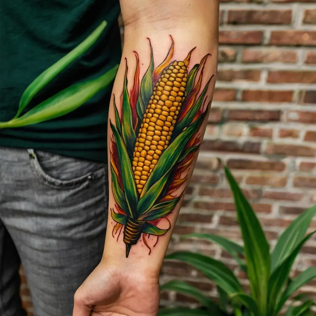 Vibrant ear of corn tattoo with lush green husks and red accents, symbolizing agriculture and harvest on the forearm.