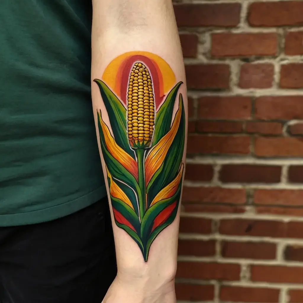 Bright corn tattoo with vibrant greens, yellows, and reds, set against a sunset glow on a forearm.