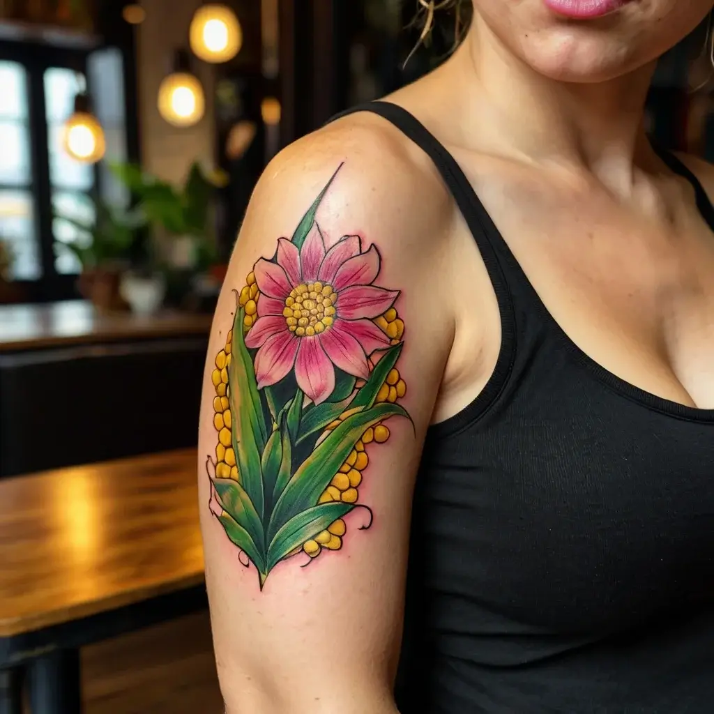 Colorful tattoo of a pink flower with yellow center and green leaves, surrounded by clusters of small yellow buds.