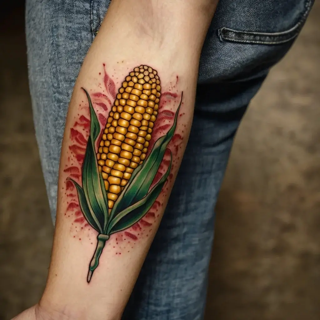 Tattoo of vibrant corn on the cob with realistic green leaves and a reddish shaded background on the forearm.