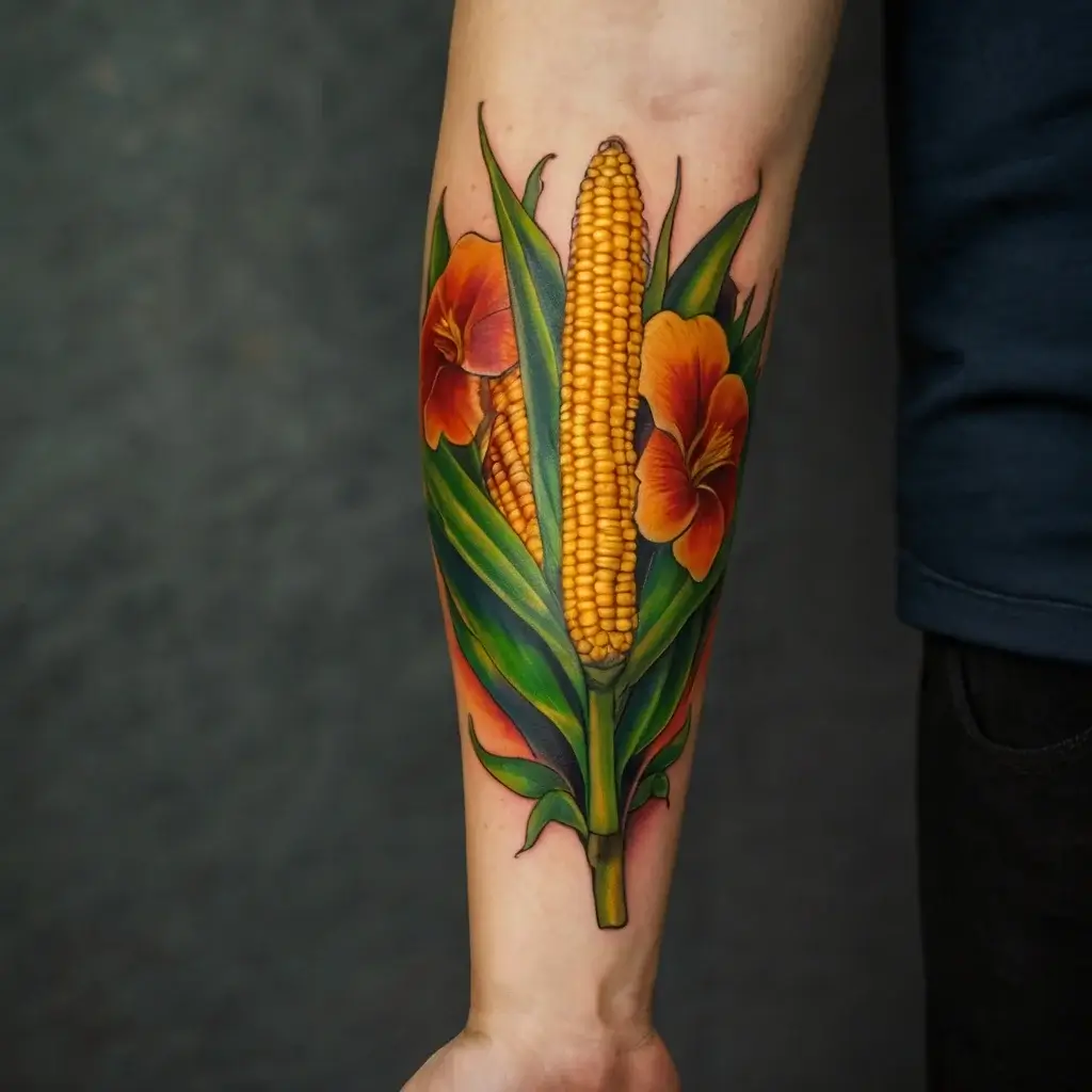 Colorful tattoo of corn on the cob with vibrant green leaves and vivid orange flowers on the forearm.