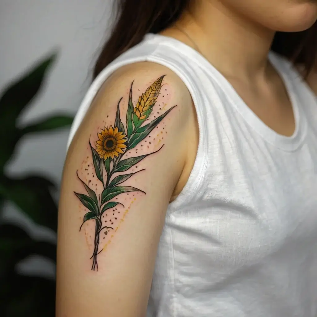 A sunflower tattoo with green leaves and wheat, accented by pink and yellow dots, on the upper arm.