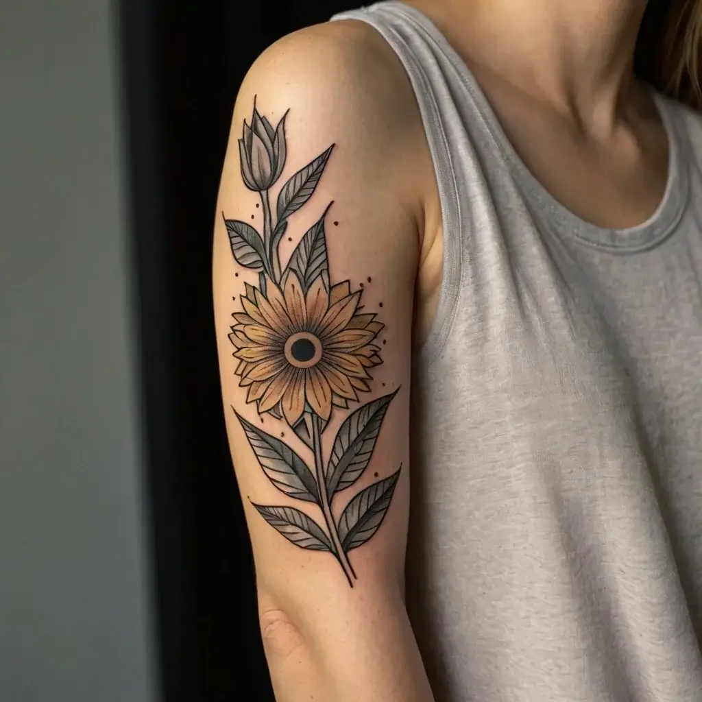 A detailed sunflower tattoo with shaded leaves, accentuated by fine lines and dotwork, wrapping around the upper arm.