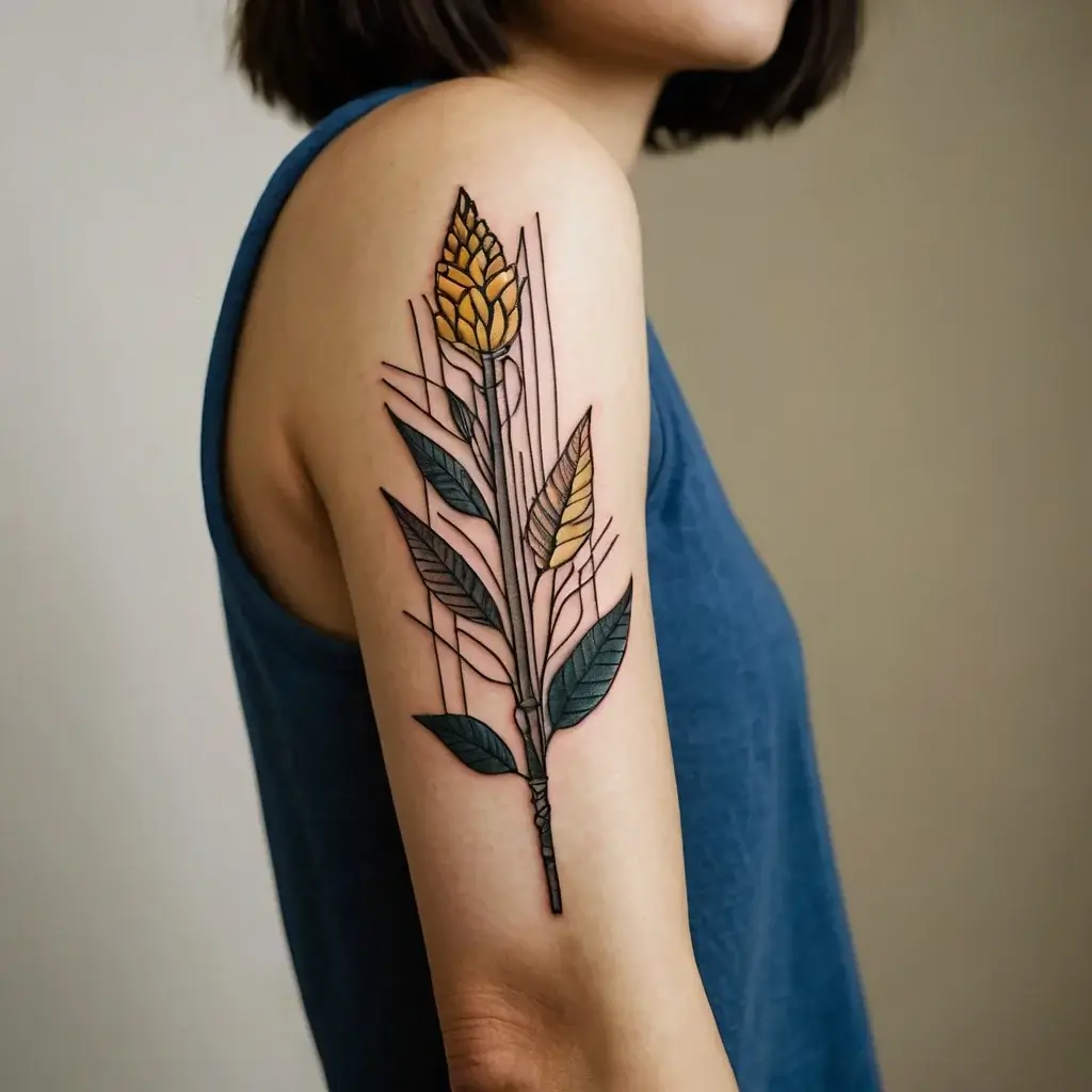 Tattoo of stylized wheat and leaves with geometric lines and shading, blending realism with modern design on the upper arm.