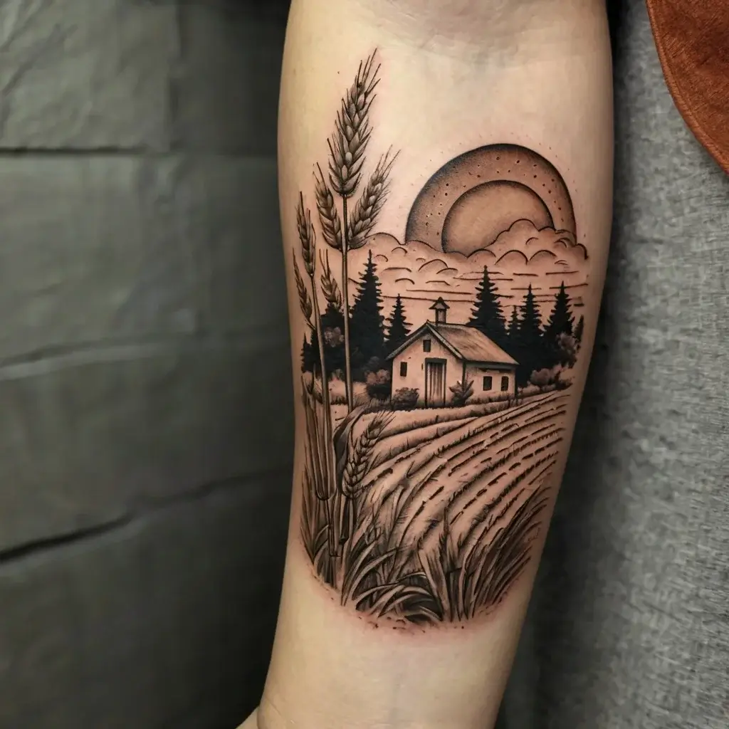 Tattoo depicting a rustic farmhouse with wheat fields, pine trees, a cloudy sky, and a rising sun in intricate blackwork.