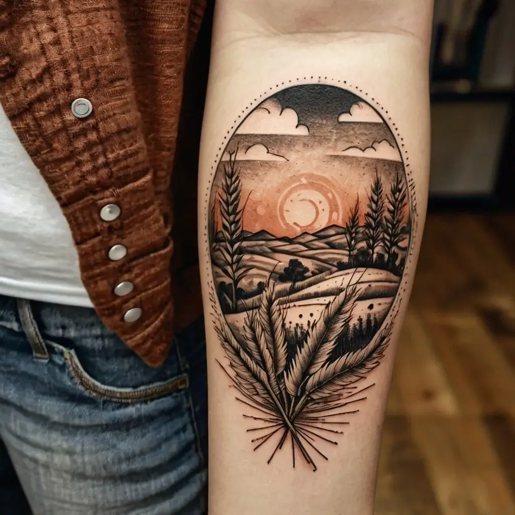 Tattoo of a landscape with mountains, trees, and sun, framed in an oval. Wheat stalks are in the foreground.