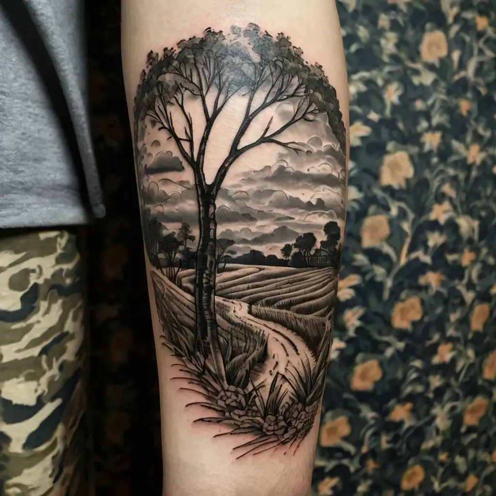 Monochrome tattoo of a serene landscape featuring a lone tree, winding path, and cloudy sky on a forearm.