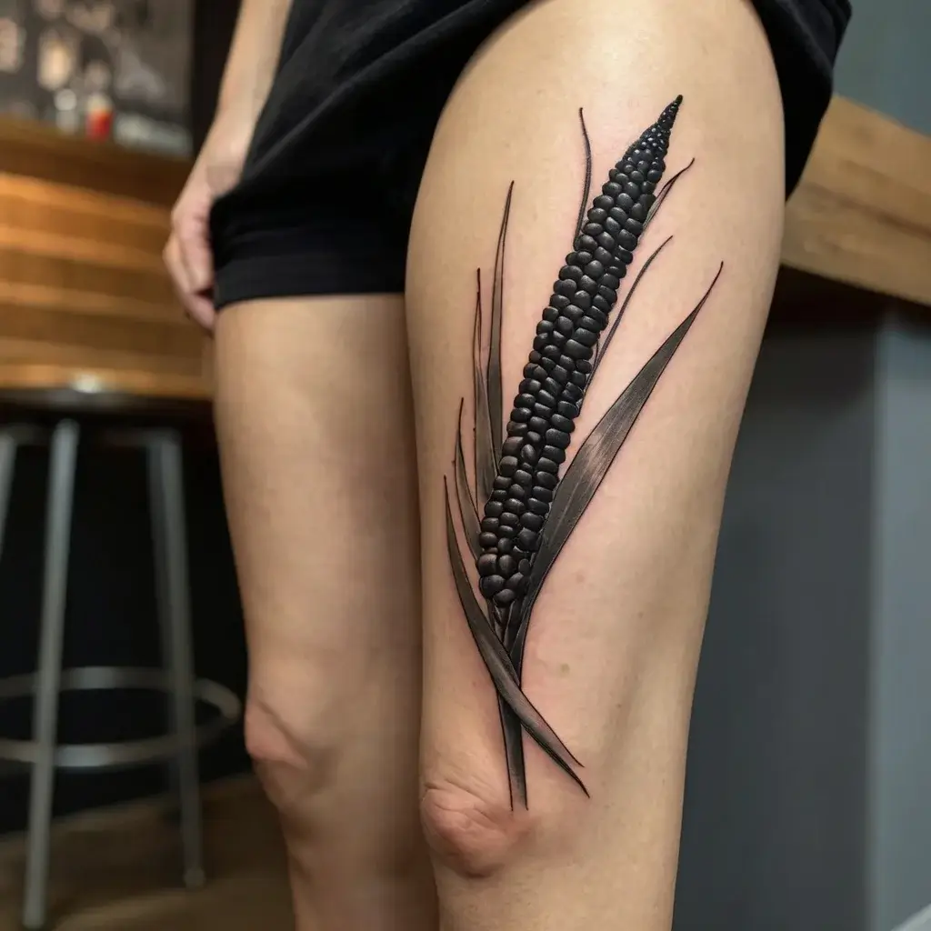 Tattoo of a realistic black corncob with detailed kernels and leaves on the thigh, showcasing intricate shading and texture.