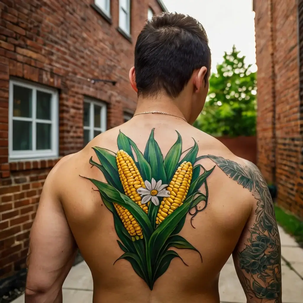 Tattoo of vibrant corn stalks and a daisy on the back, emphasizing lush green leaves and detailed corn kernels.