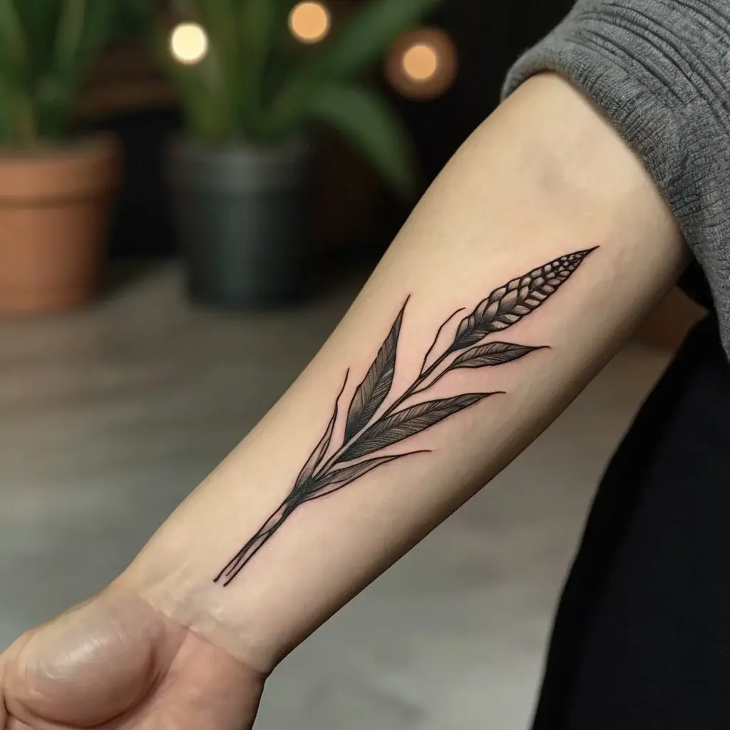 A detailed black ink tattoo of a wheat stalk with elongated leaves on the forearm, symbolizing growth and abundance.