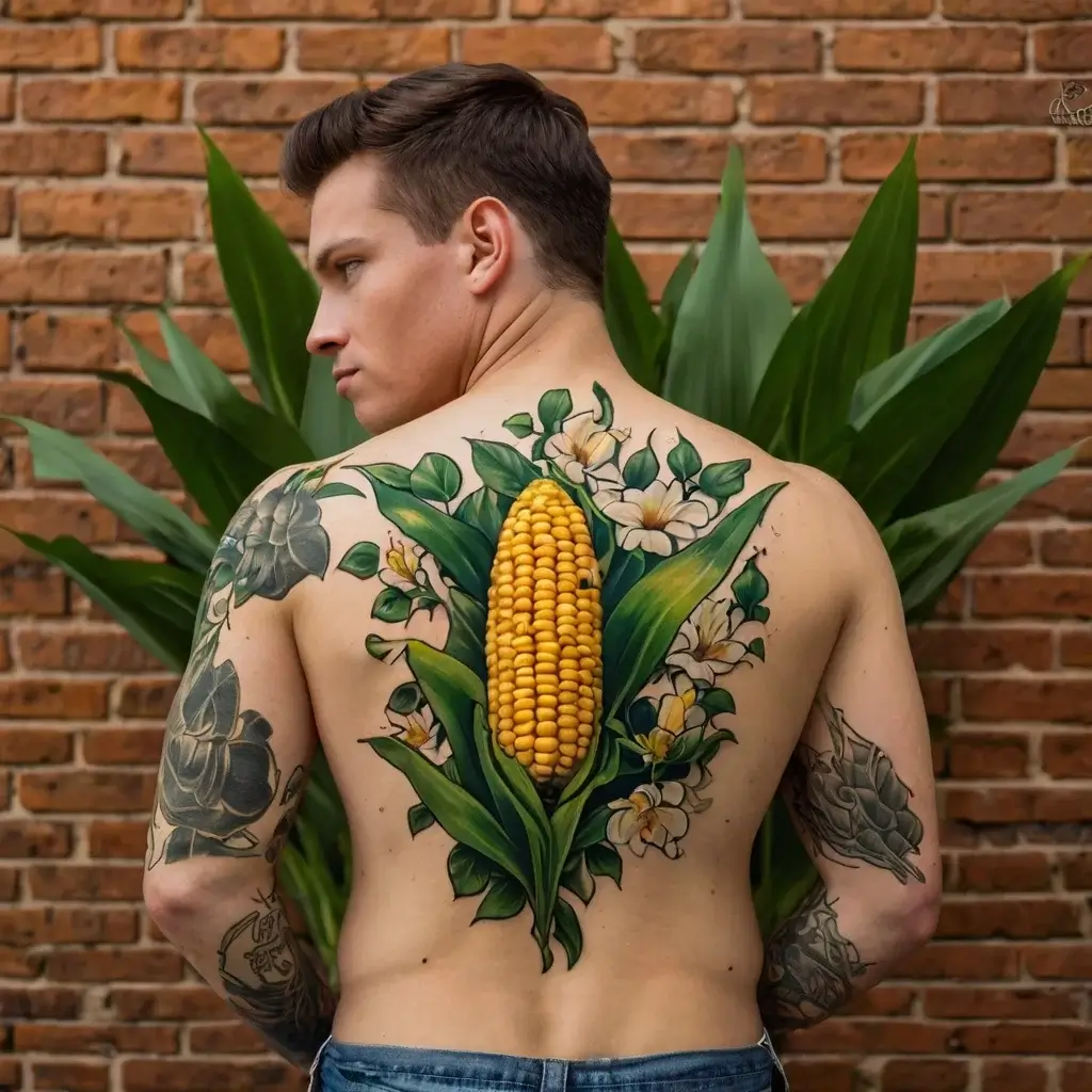 Back tattoo of a vibrant corn cob with lush green leaves and white flowers, symbolizing growth and sustenance.