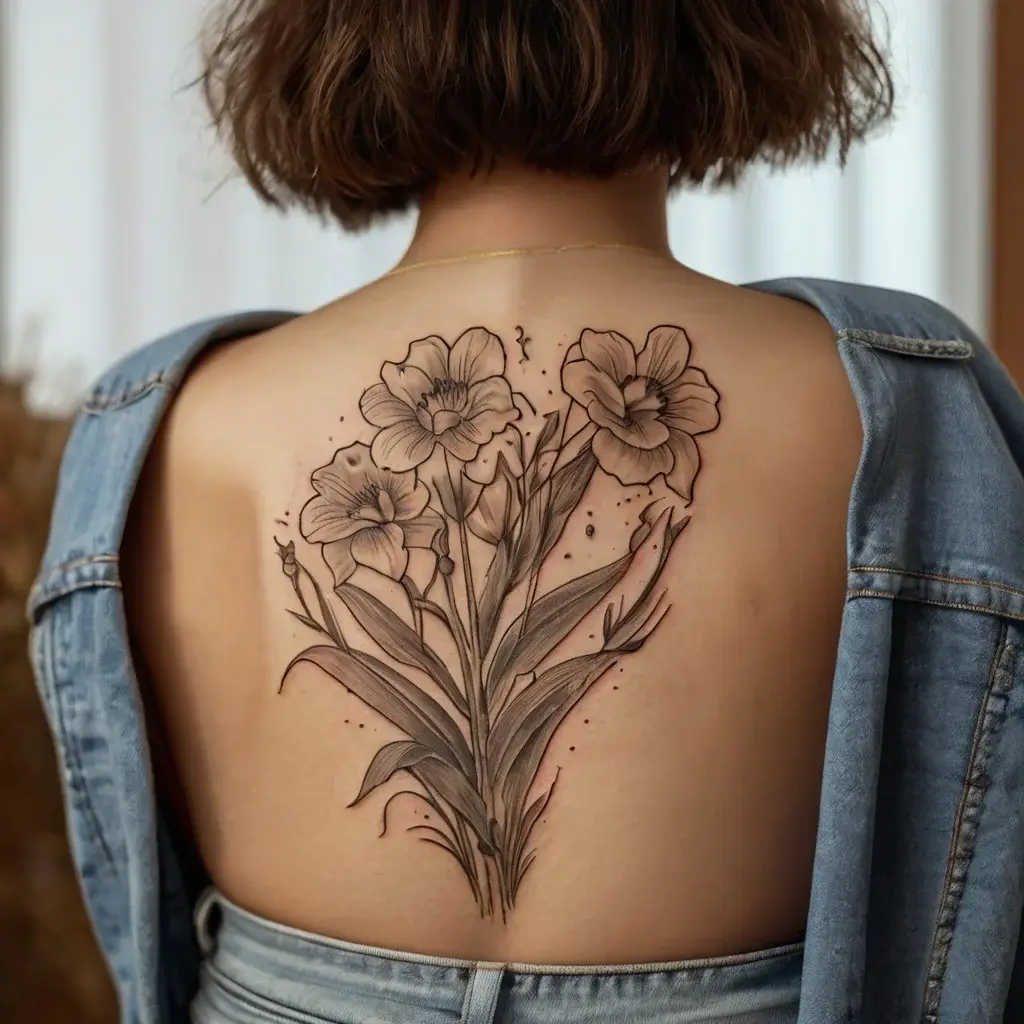 Back tattoo of detailed linework flowers and leaves, with delicate shading, covering the upper back area.