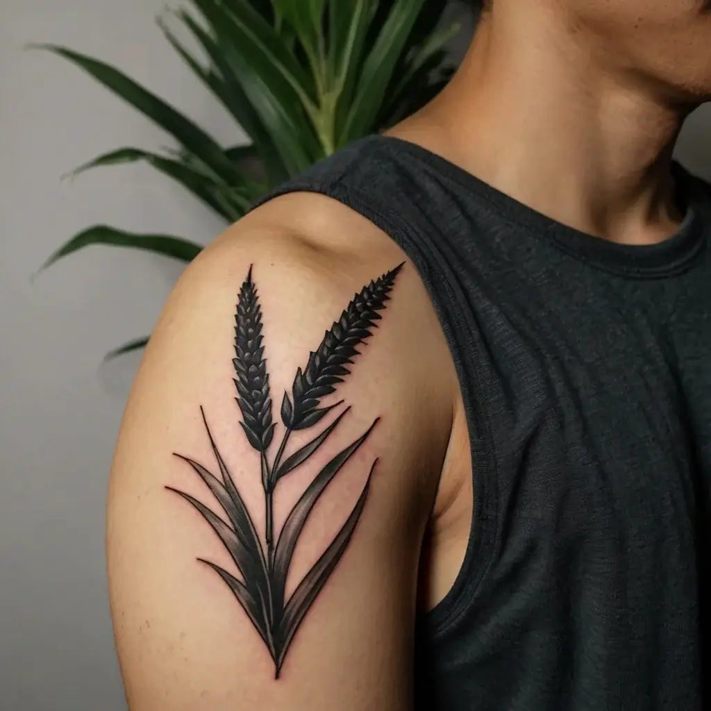 Tattoo of intricately shaded black wheat stalks and leaves on the upper arm, symbolizing growth and abundance.