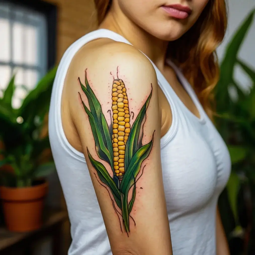 Tattoo of vibrant corn stalk with golden kernels and lush green leaves on upper arm in realistic style.