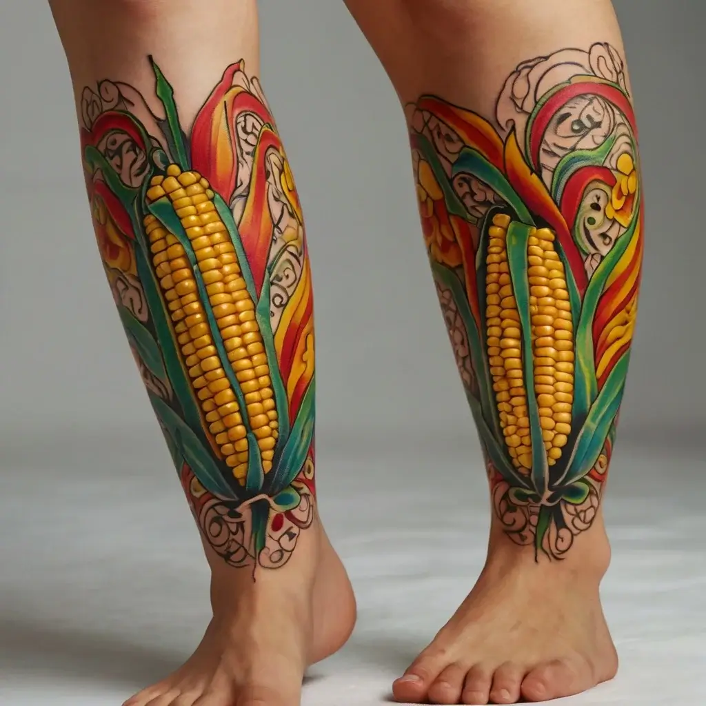 Vibrant corn tattoo with colorful husks and floral motifs wraps around the calves, showcasing bold lines and vivid hues.